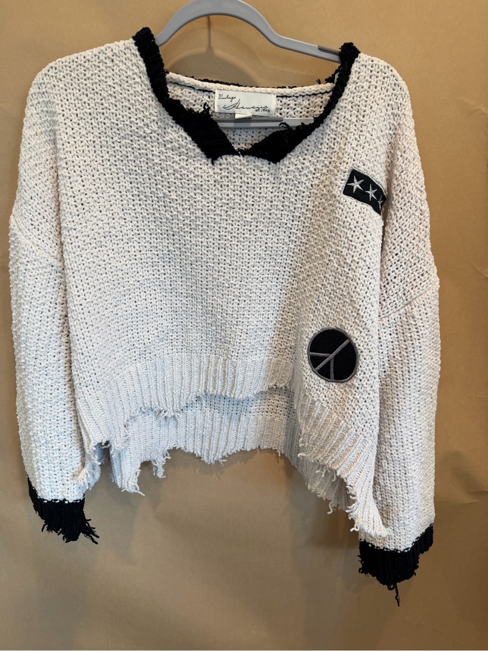 Vintage Havana Cream Off-Shoulder Chunky Knit Sweater with Black Trim